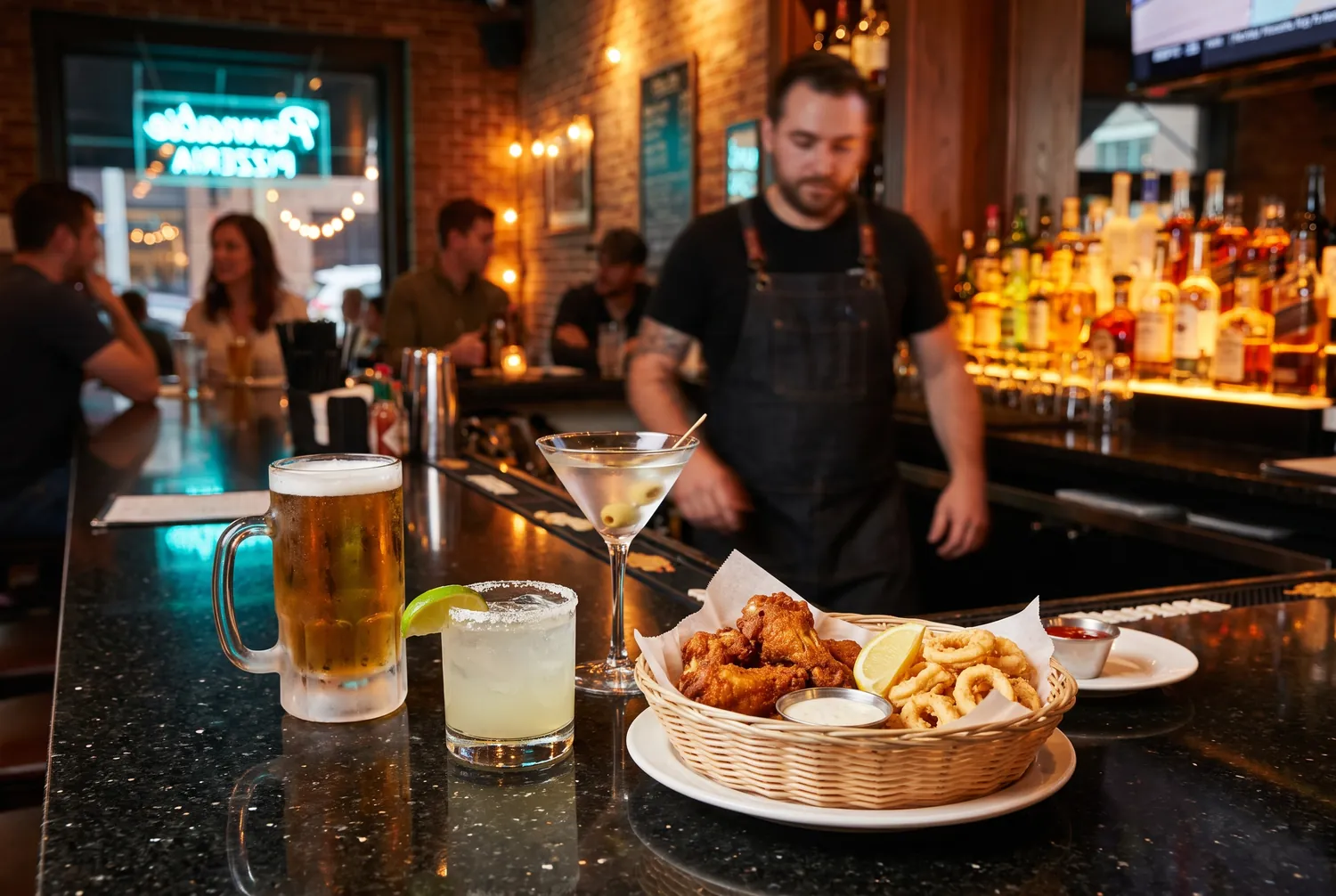 Happy hour draft beer, margarita, martini, wings and calamari on a bar top Happy hour draft beer, margarita, martini, wings and calamari on a bar top
