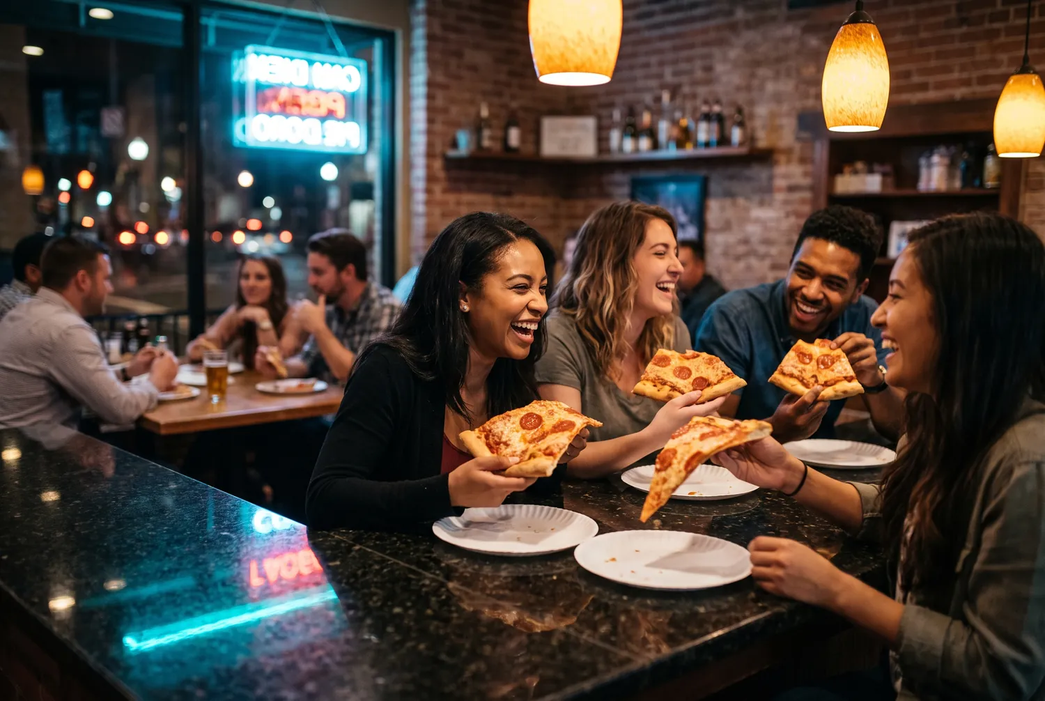 Friends eating late-night NY-style pizza slices at a neon-lit Gaslamp bar Friends eating late-night NY-style pizza slices at a neon-lit Gaslamp bar