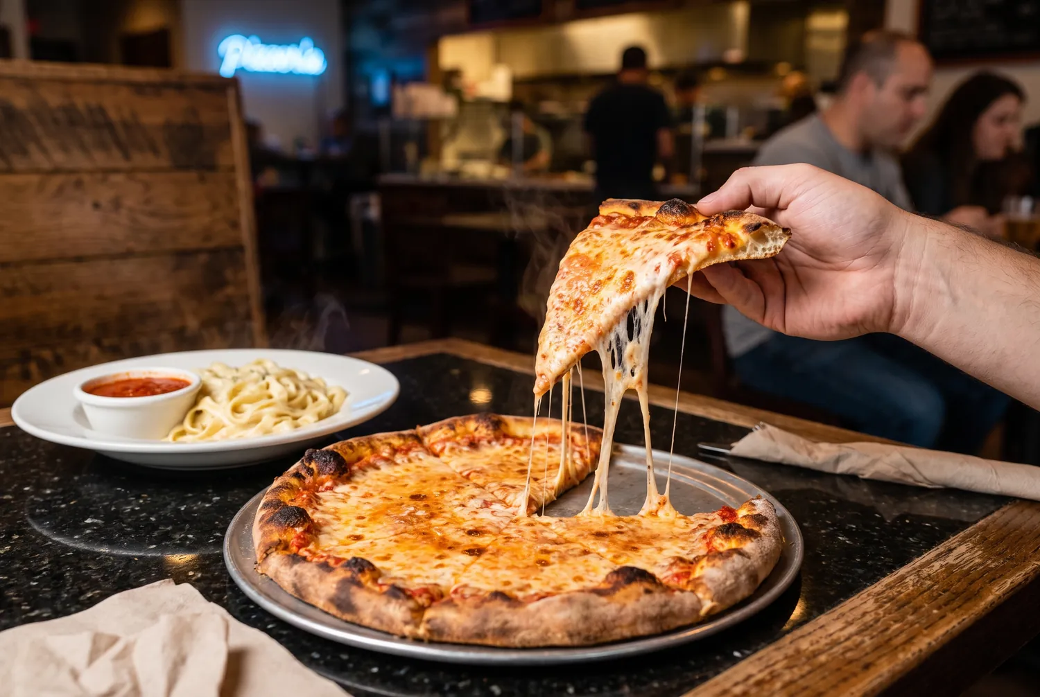 Thin New York-style pizza slice with a cheese pull next to fettuccine alfredo Thin New York-style pizza slice with a cheese pull next to fettuccine alfredo