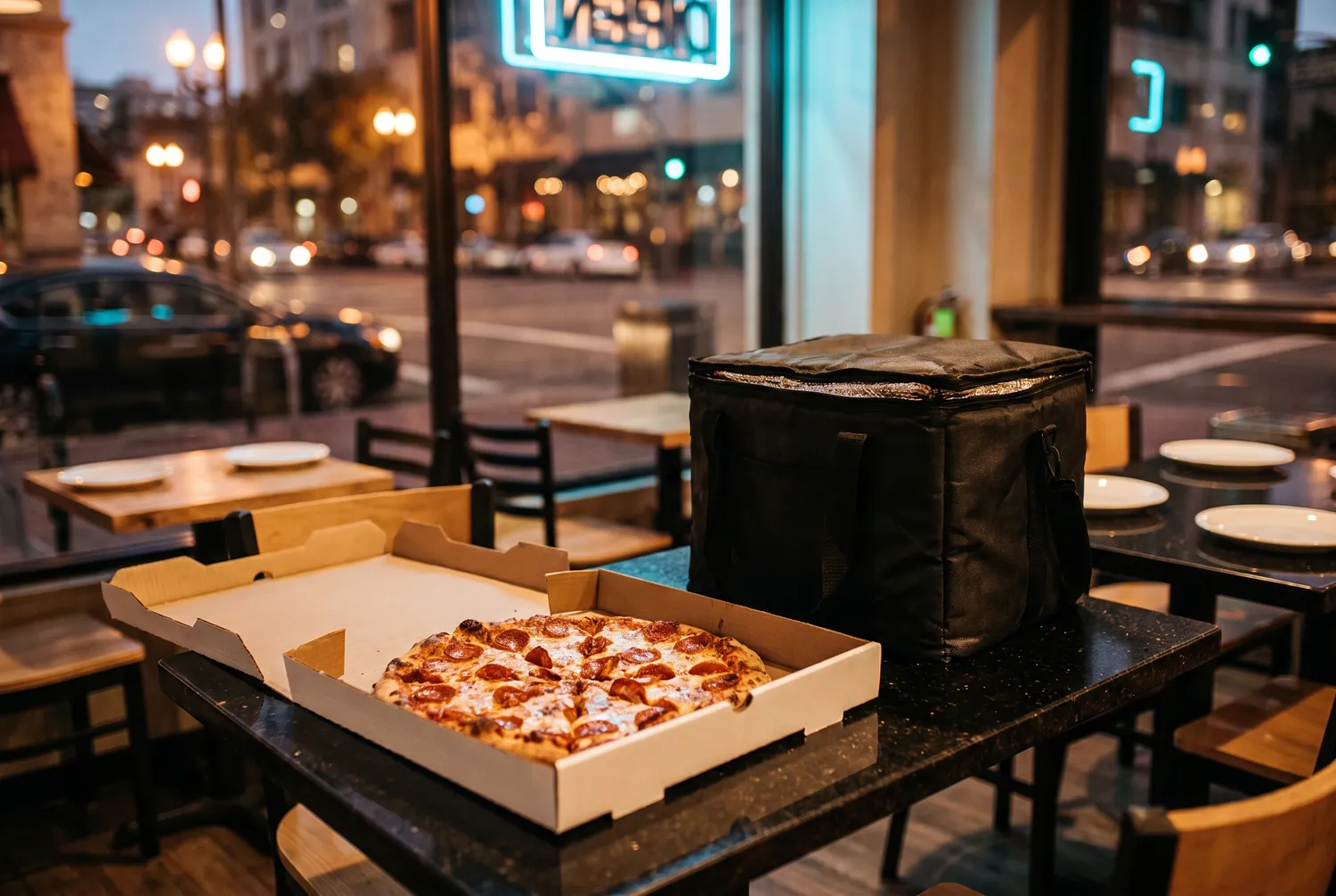Hot pepperoni pizza in an open box next to a delivery bag in downtown San Diego Hot pepperoni pizza in an open box next to a delivery bag in downtown San Diego