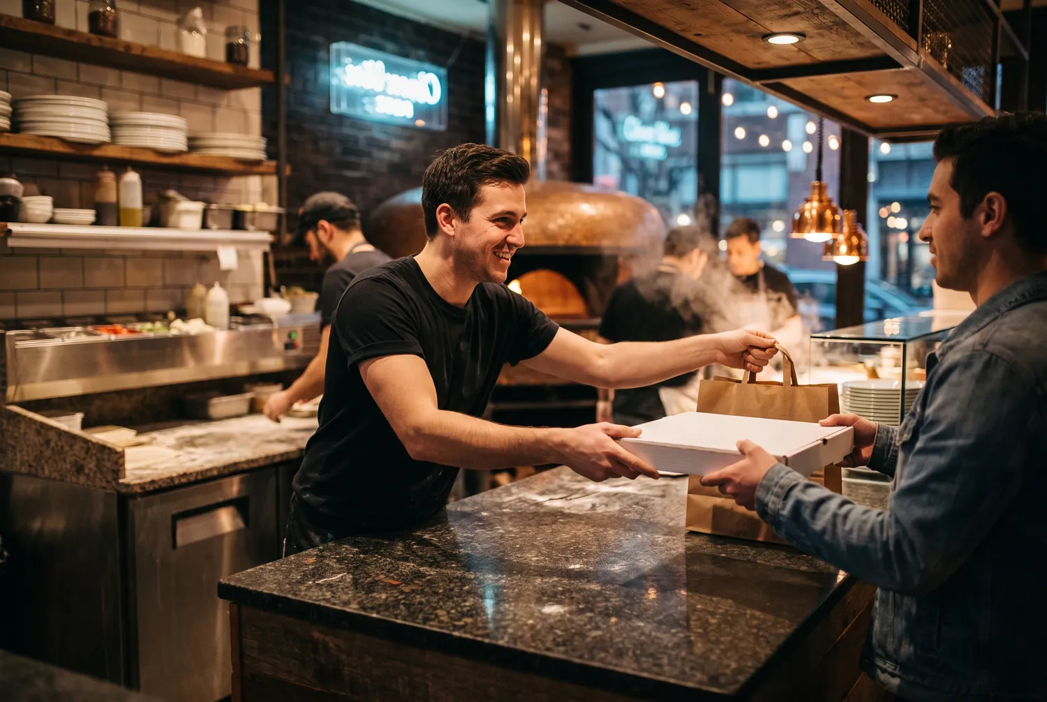 Pizzeria staff handing a pizza box and takeout bag across the counter Pizzeria staff handing a pizza box and takeout bag across the counter