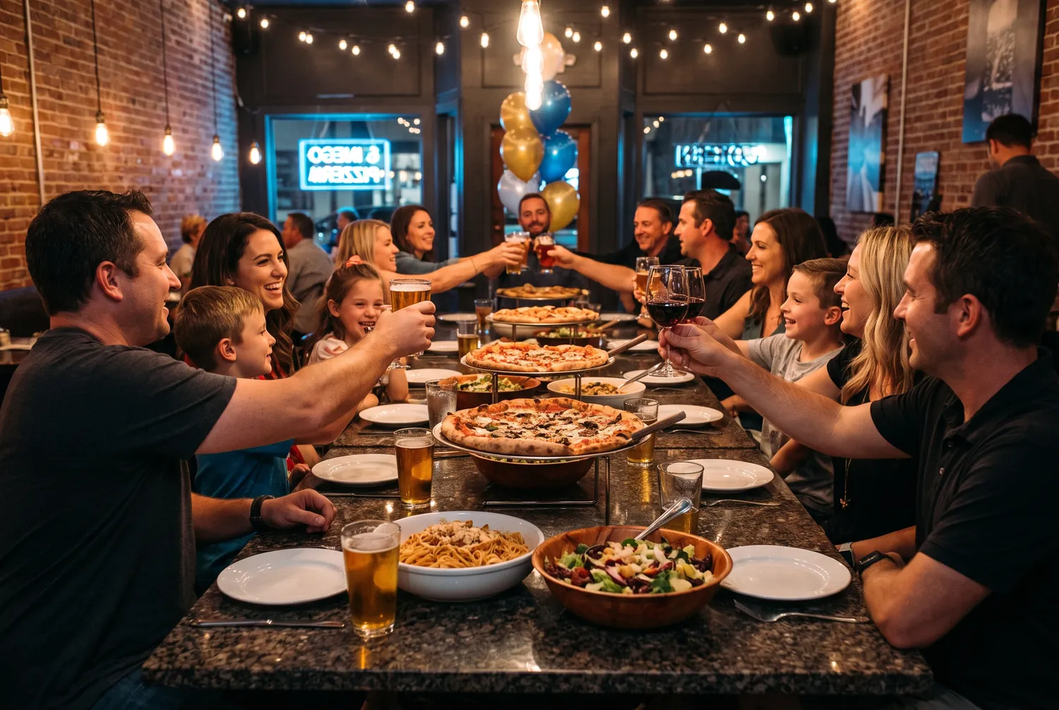 Group celebrating a private party with pizzas and pasta at a Gaslamp restaurant Group celebrating a private party with pizzas and pasta at a Gaslamp restaurant